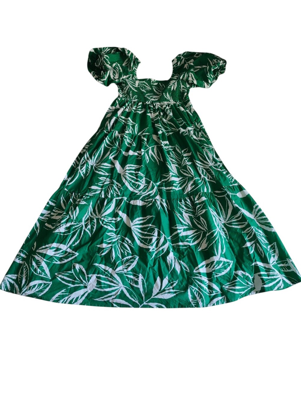 Meadow Rhodes Small Green Floral Tired Square Neck Puff Shoulder Smocked Dress